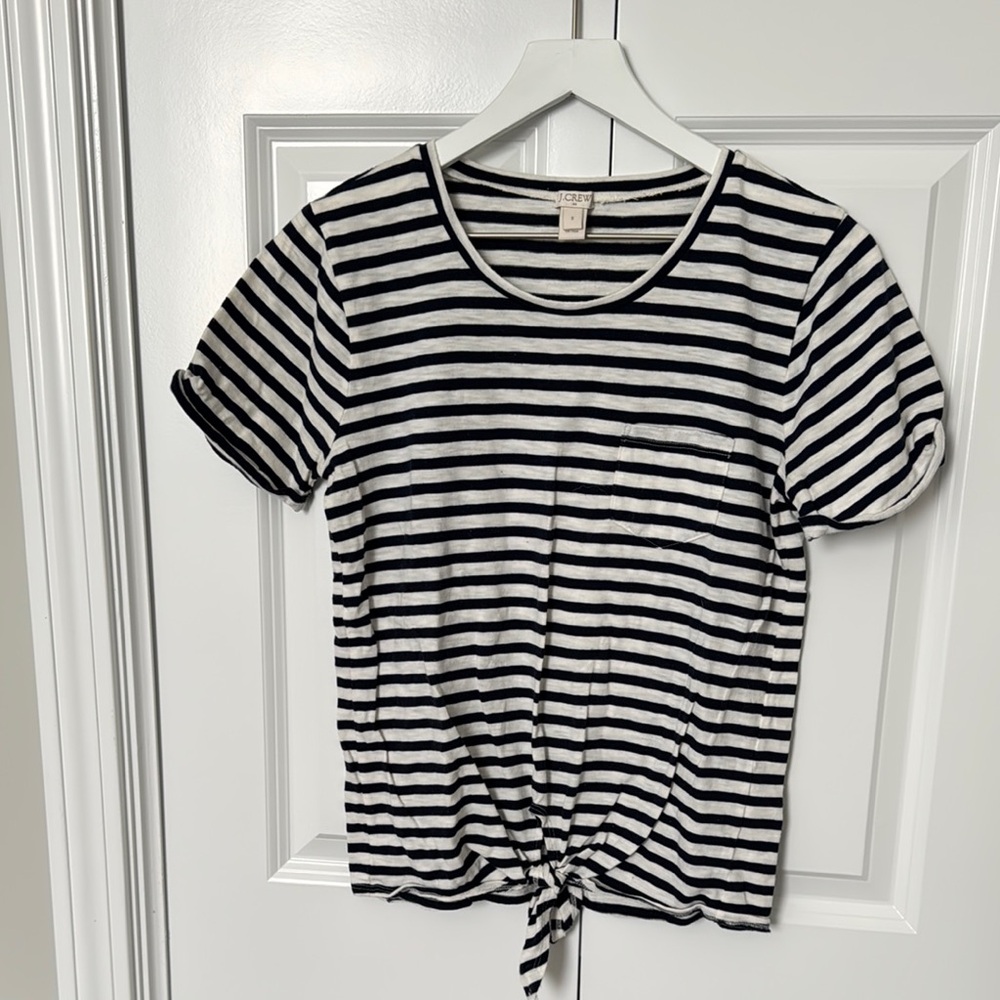 J. Crew White and Navy Blue Tie Front Short Sleeve T-Shirt